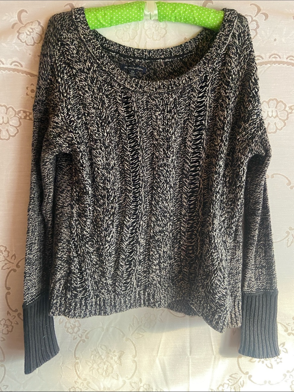 American Eagle Black and White Marled Cotton Cable Knit Sweater M